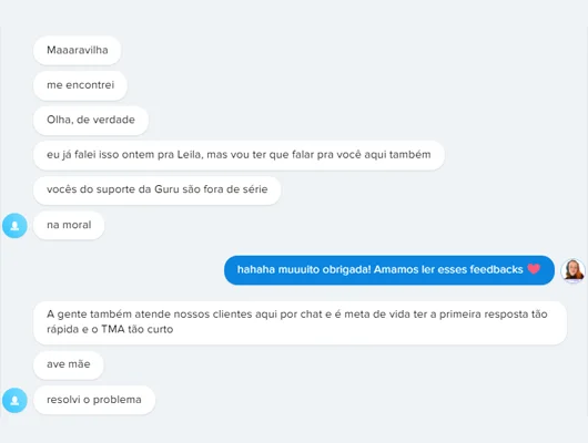 print de um elogio ao suporte da Guru