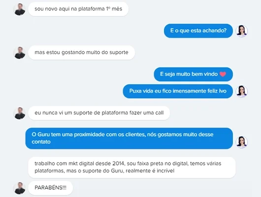 print de um elogio ao suporte da Guru