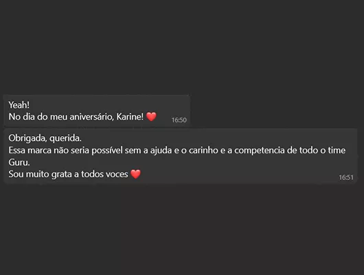 print de um elogio ao suporte da Guru