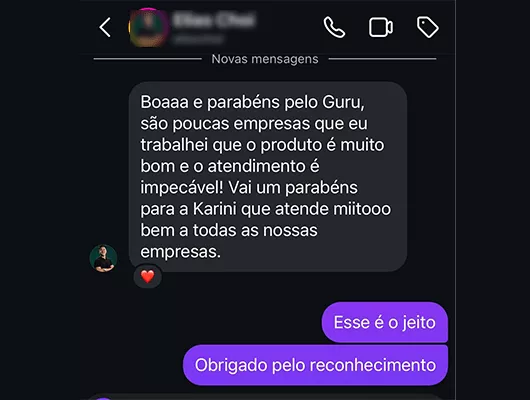 print de um elogio ao suporte da Guru