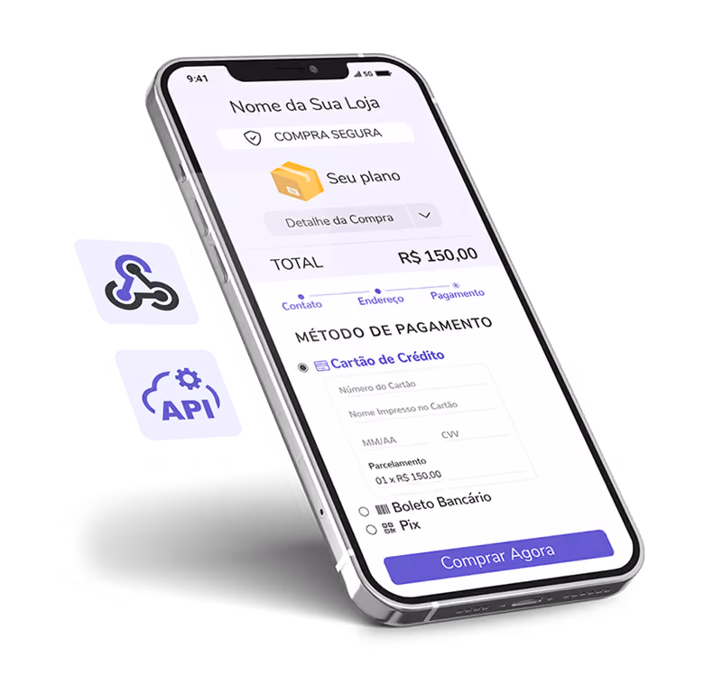 Mockup de smartphone exibindo o checkout da Guru com ícones flutuantes de API e webhooks para integração de sistemas.