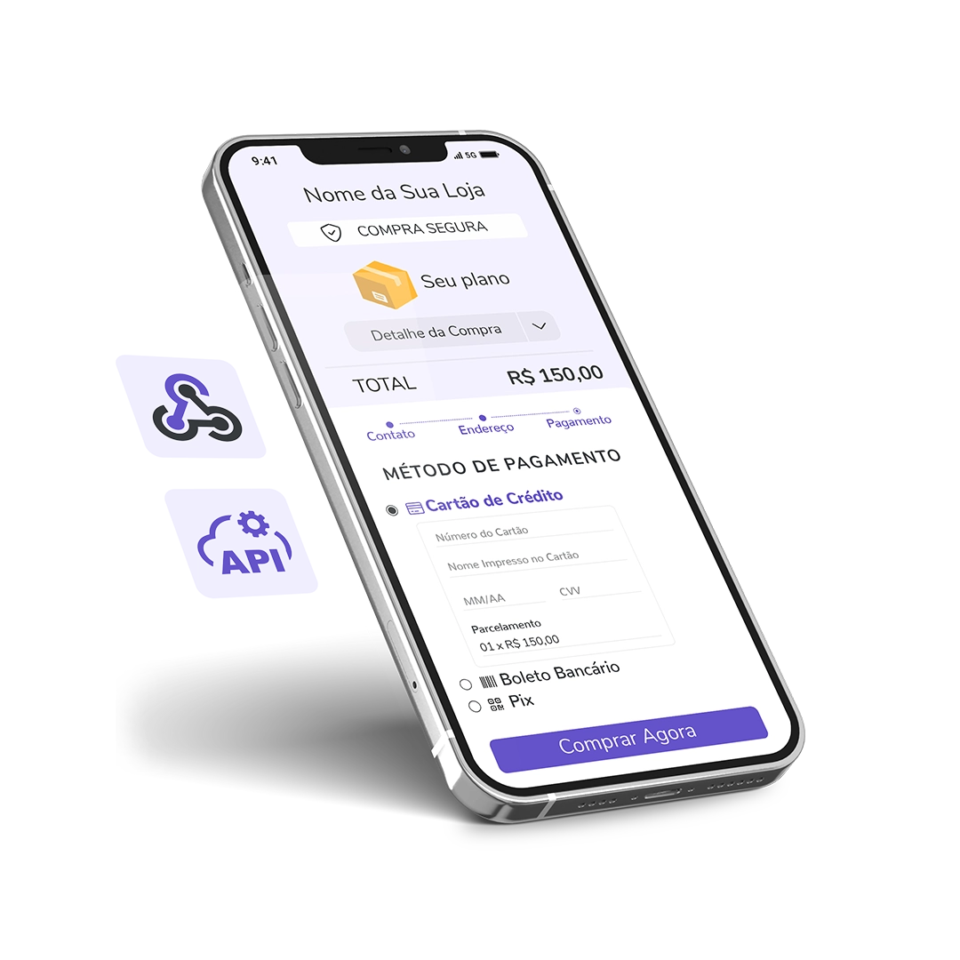 Mockup de smartphone exibindo o checkout da Guru com ícones flutuantes de API e webhooks para integração de sistemas.