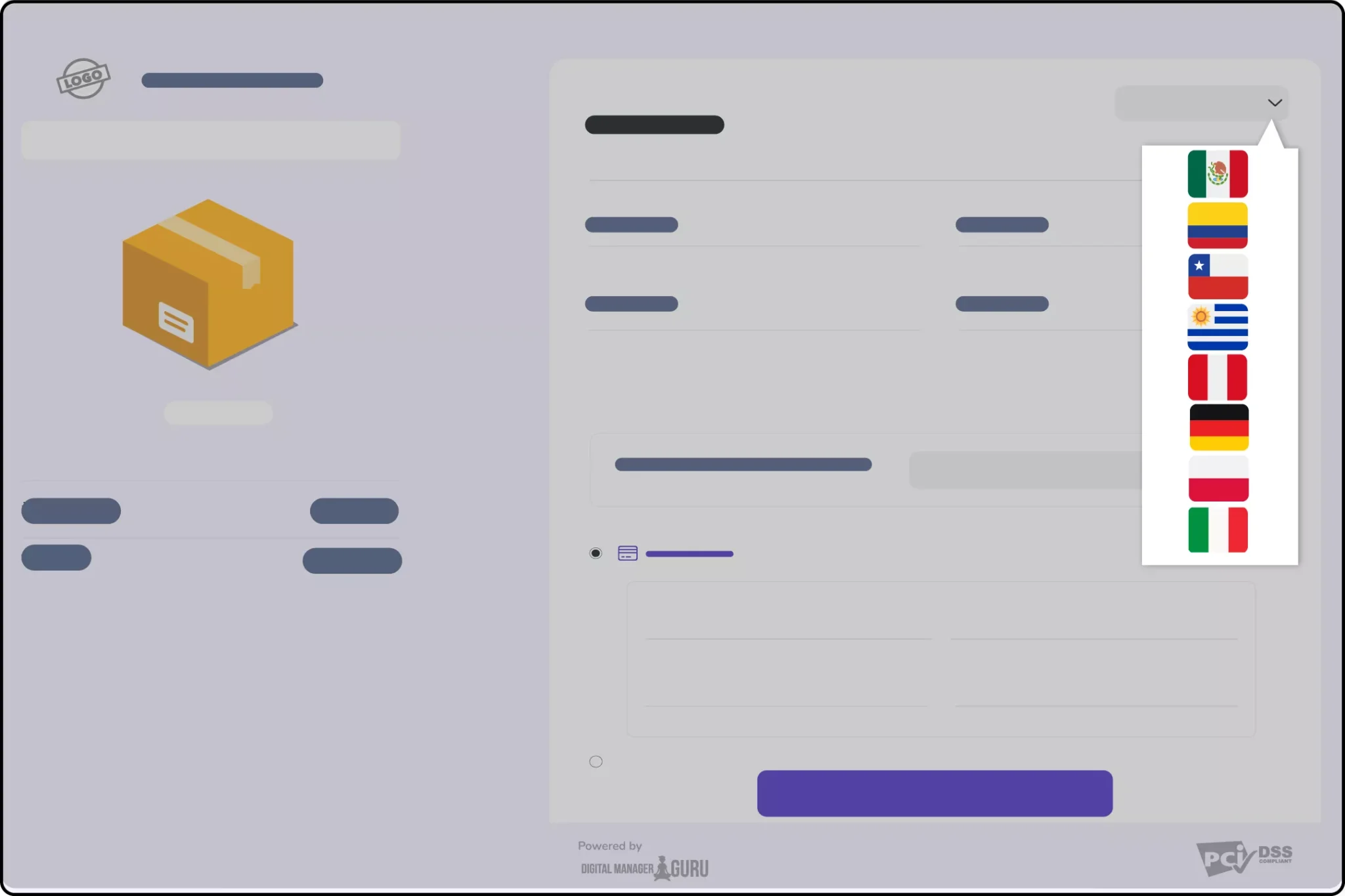 illustration of an online checkout page showing a product cardboard box on the left and form fields on the right, with an open language selection dropdown displaying country flags