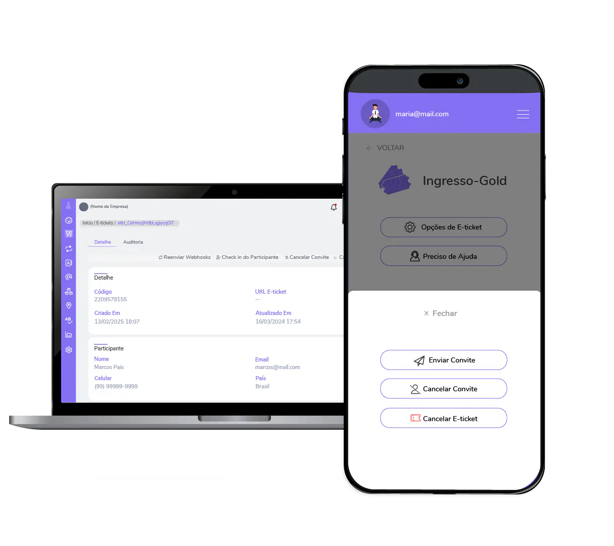 Smartphone em primeiro plano exibindo opções de e-ticket como enviar e cancelar convite, ao lado de um computador portátil mostrando o painel de administração de ingressos com dados do participante e auditoria.