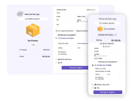 Versão para desktop e celular do checkout do Guru