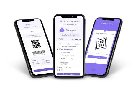 Três smartphones lado a lado exibindo o sistema de e-tickets: a tela esquerda mostra um ingresso com QR Code e dados do participante; a tela central apresenta a página de checkout para pagamento do ingresso; a tela direita exibe a confirmação de check-in via QR Code.