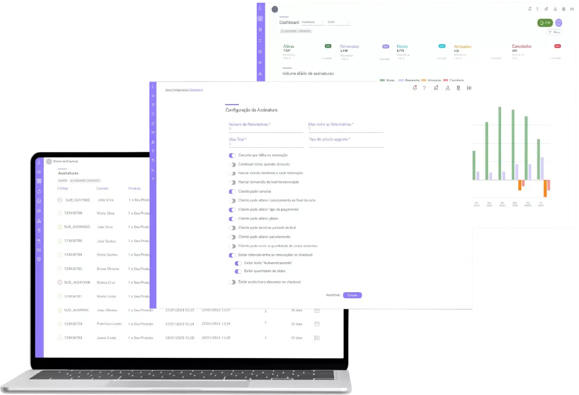 Composição de janelas de software de gestão de assinaturas sobrepostas em torno de um portátil. Apresenta um painel de controlo principal com métricas, uma janela de definições de configuração de assinatura com interruptores de alternância e uma tabela de lista de assinaturas num portátil.