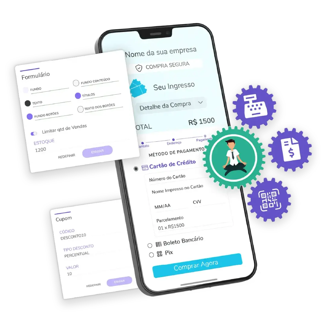 Smartphone em destaque com formulário de checkout para venda de ingressos, cercado por painéis flutuantes de configuração de cores, controle de estoque e cupom de desconto, além de engrenagens com ícones de caixa registradora, fatura, QR Code e um personagem meditando.