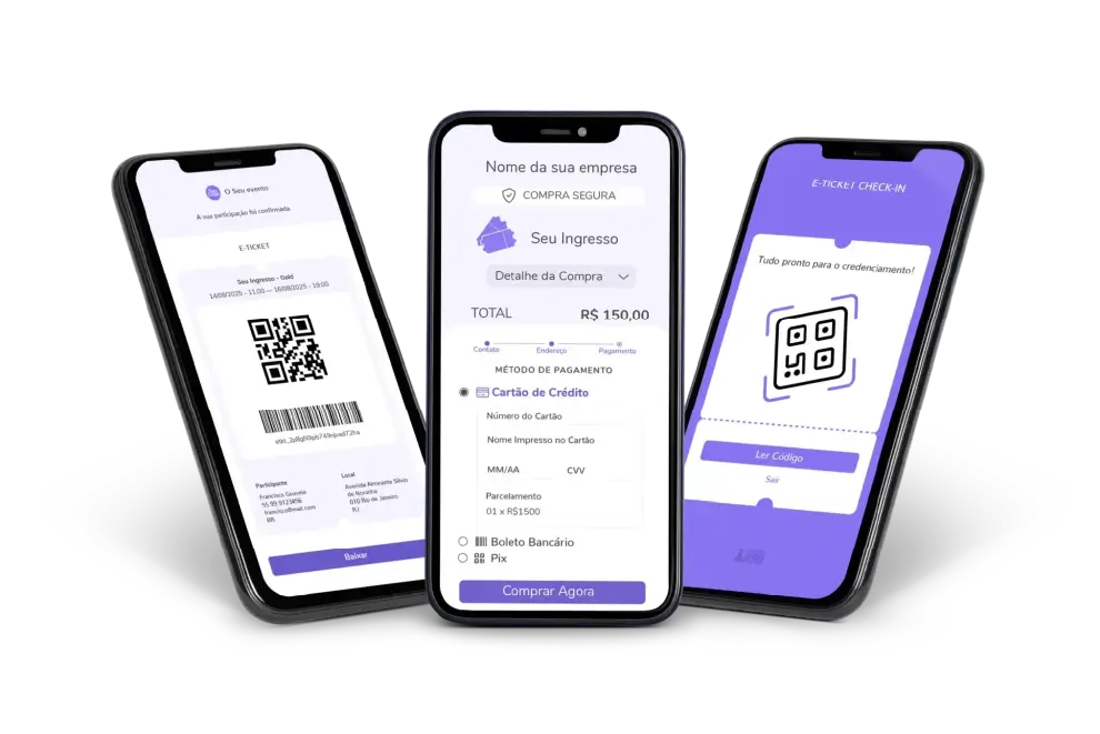 Três smartphones lado a lado exibindo o sistema de e-tickets: a tela esquerda mostra um ingresso com QR Code e dados do participante; a tela central apresenta a página de checkout para pagamento do ingresso; a tela direita exibe a confirmação de check-in via QR Code.