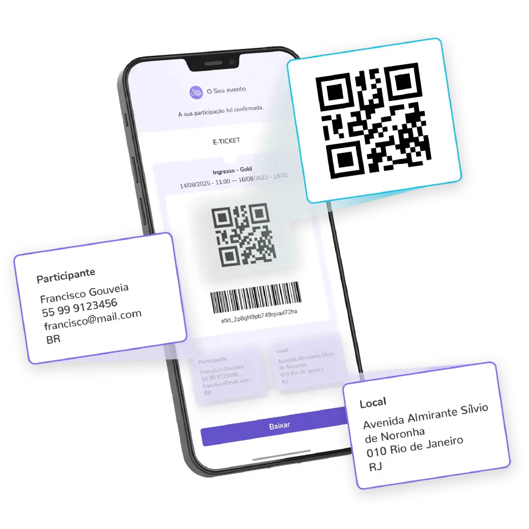 Smartphone a exibir um e-ticket de evento com QR Code, código de barras e caixas flutuantes com dados do participante e do local.
