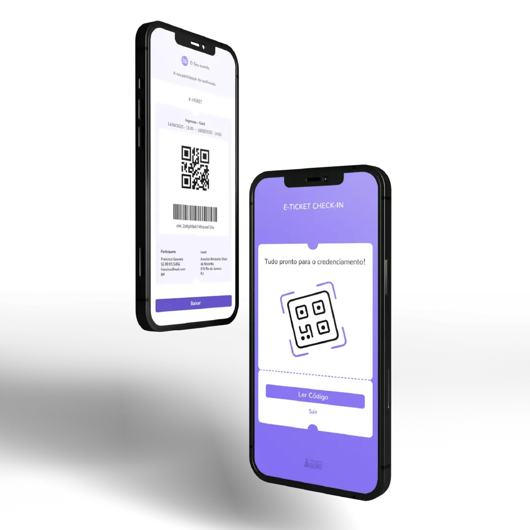 Dois smartphones a mostrar a aplicação de check-in de eventos: um exibe o e-ticket com QR Code e o outro a ecrã de leitura para credenciamento.