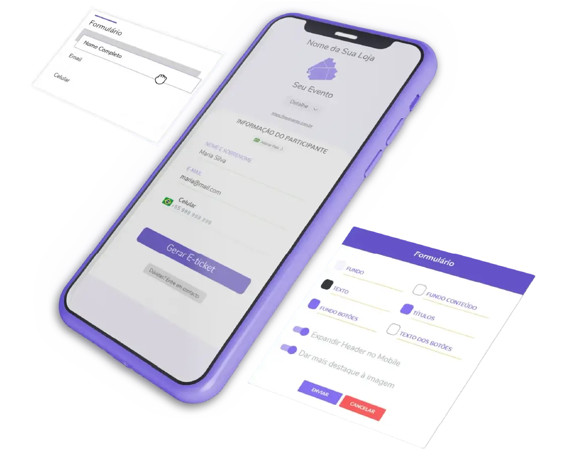 Smartphone roxo inclinado exibindo a tela de cadastro do participante com o botão "Gerar E-ticket", acompanhado por cartões flutuantes para reordenação de campos do formulário e personalização de cores.
