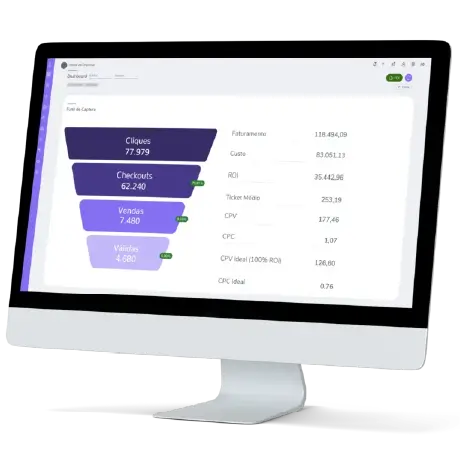 Um monitor de computador desktop a exibir um dashboard de marketing digital com um funil de vendas roxo e métricas de desempenho detalhadas.