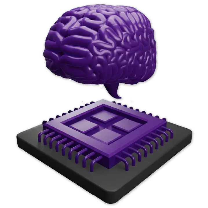 Ilustração 3D mostrando um cérebro humano roxo flutuando sobre um microchip tecnológico. Simboliza a fusão de mentes humanas e máquinas.
