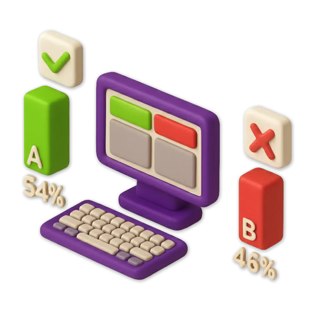 Ilustração 3D em estilo desenho animado comparando resultados de teste A/B. A Opção A (barra verde) mostra 54% e um visto, enquanto a Opção B (barra vermelha) mostra 46% e um X. Fundo branco.