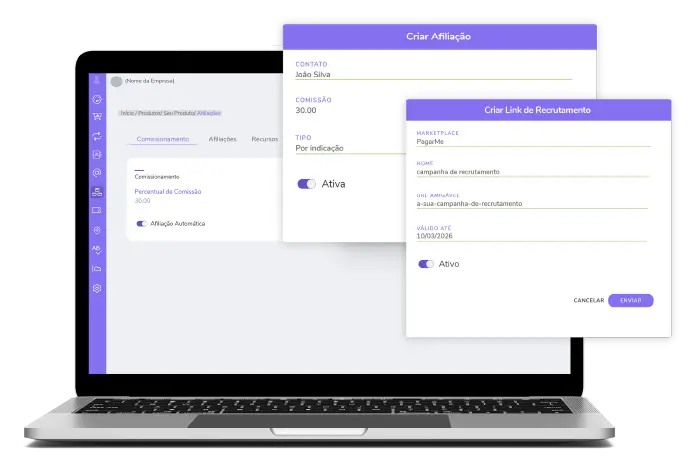 Captura de tela de um laptop mostrando uma plataforma de software. Do lado direito, há duas janelas sobrepostas com o título "Criar Afiliação" e "Criar Link de Recrutamento", ambas com campos de preenchimento e interruptores "Ativo". O painel de navegação à esquerda possui ícones e links, incluindo "Comissionamento" e "Afiliação".