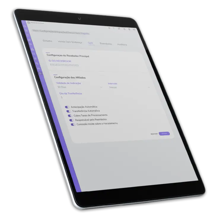 Tela de tablet mostrando as opções de "Configuração do Recebedor Principal" e "Configuração dos Afiliados" em um sistema de gestão.