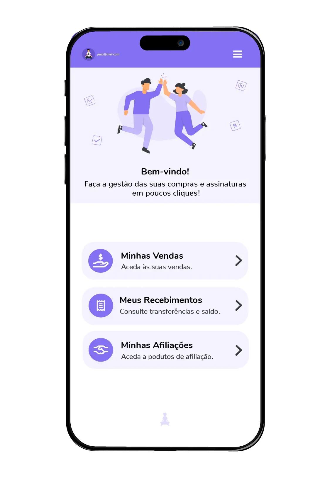 Interface de aplicativo em um smartphone exibindo a mensagem "Bem-vindo!" com opções para "Minhas Vendas", "Meus Recebimentos" e "Minhas Afiliações".
