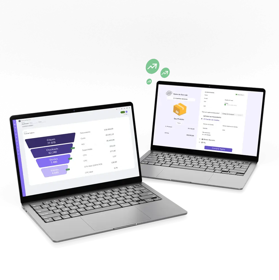 Dois laptops exibindo dashboards de e-commerce lado a lado. O laptop da esquerda mostra um funil de vendas e métricas de desempenho. O laptop da direita mostra uma página de checkout do produto. Ícones de setas verdes para cima flutuam sobre eles.