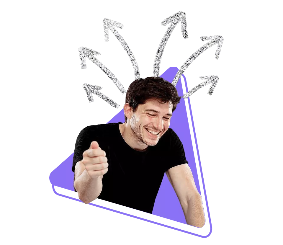 Happy man smiling with structured upward arrows representing growth and business solutions