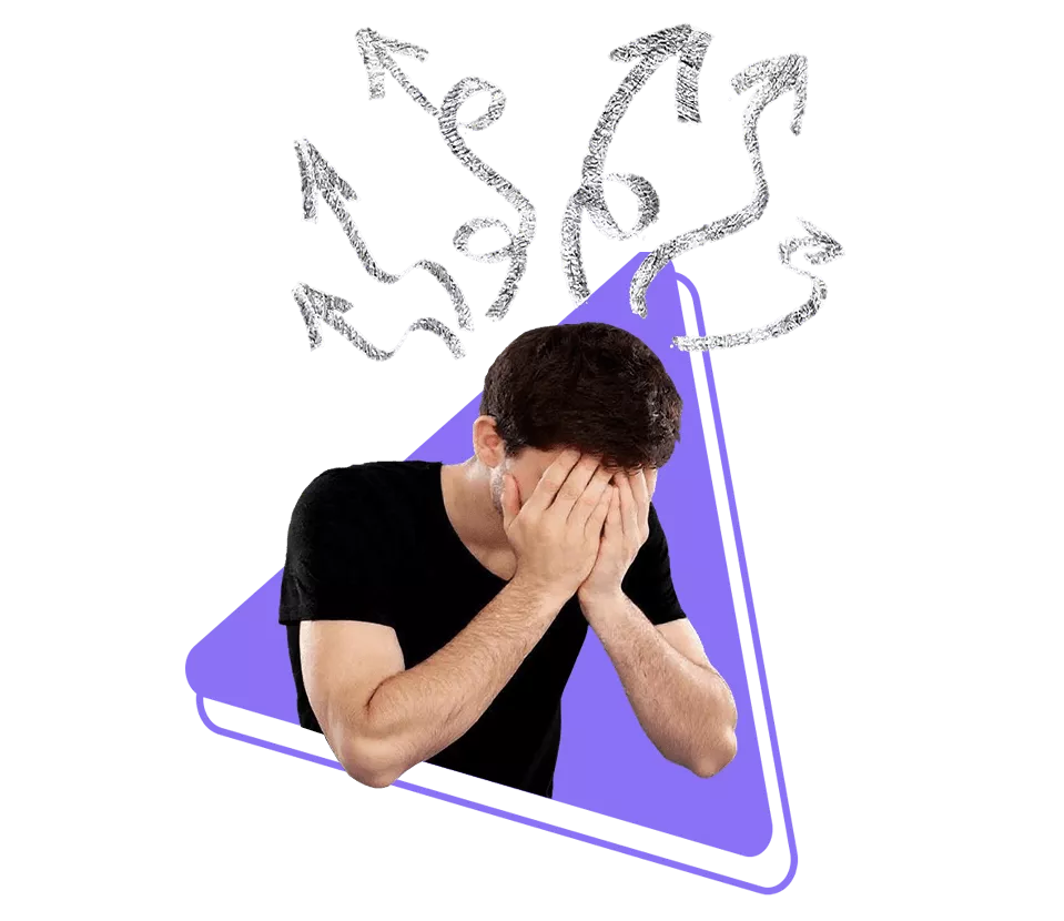 Stressed man covering his face with confused arrows representing business problems