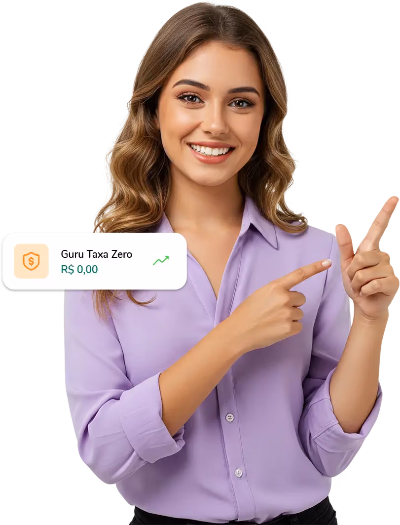 Mulher sorridente de camisa lilás aponta para imagem flutuante com texto 'Guru Taxa Zero' e 'R$ 0,00' contra fundo branco.