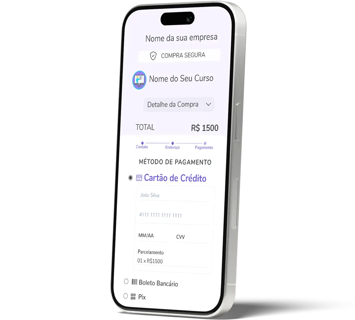 Interface de checkout móvel exibindo pagamento de curso online no valor de R$ 1500 via cartão de crédito.