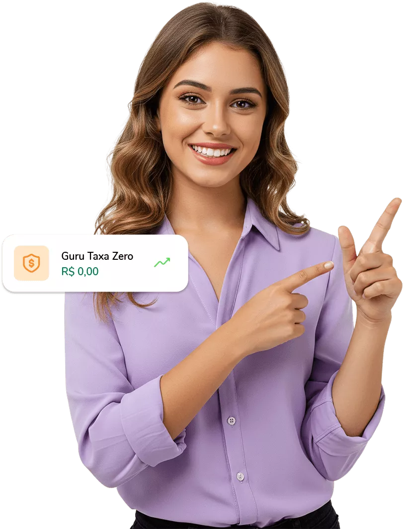 Mulher sorrindo e apontando para card da Digital Manager Guru com destaque para taxa zero de comissão.
