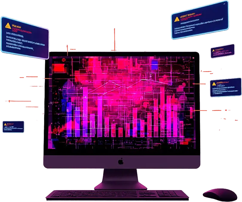 A purple iMac showing a complex pink and purple bar graph. Multiple warning messages with red icons float around the screen.