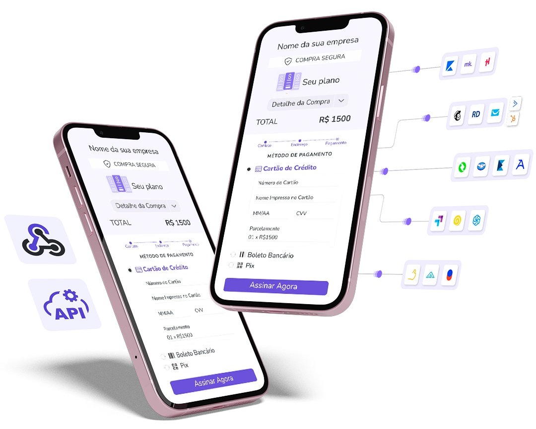 Mockup de checkout de assinatura do Guru no smartphone conectado a integrações de API e webhooks.