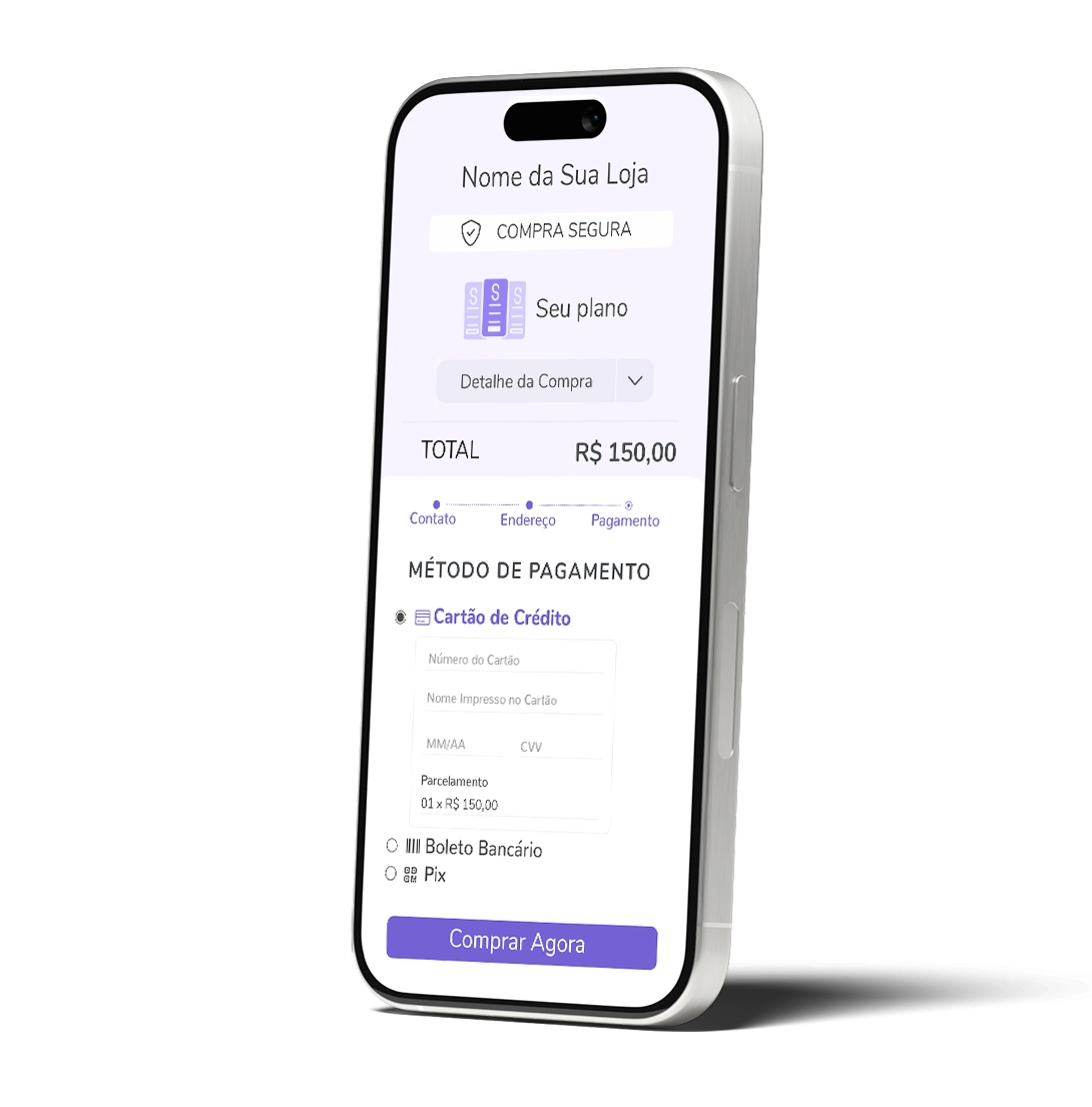 Mockup em celular da tela de checkout de assinatura e pagamento recorrente do Digital Manager Guru.