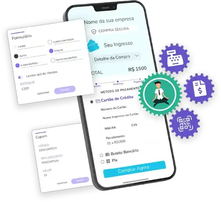 Smartphone em destaque com formulário de checkout para venda de ingressos, cercado por painéis flutuantes de configuração de cores, controle de estoque e cupom de desconto, além de engrenagens com ícones de caixa registradora, fatura, QR Code e um personagem meditando.
