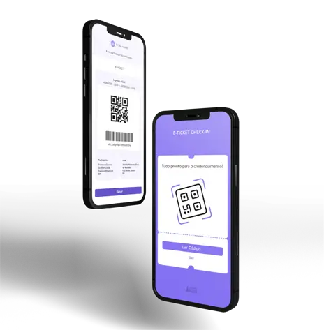 Dois smartphones a mostrar a aplicação de check-in de eventos: um exibe o e-ticket com QR Code e o outro a ecrã de leitura para credenciamento.