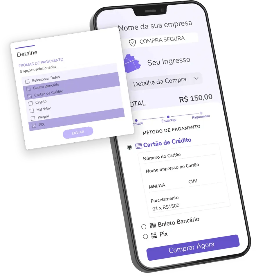 Interface de checkout num smartphone a mostrar opções de pagamento de ingressos como Cartão de Crédito, PIX e Boleto.