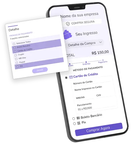 Interface de checkout num smartphone a mostrar opções de pagamento de ingressos como Cartão de Crédito, PIX e Boleto.