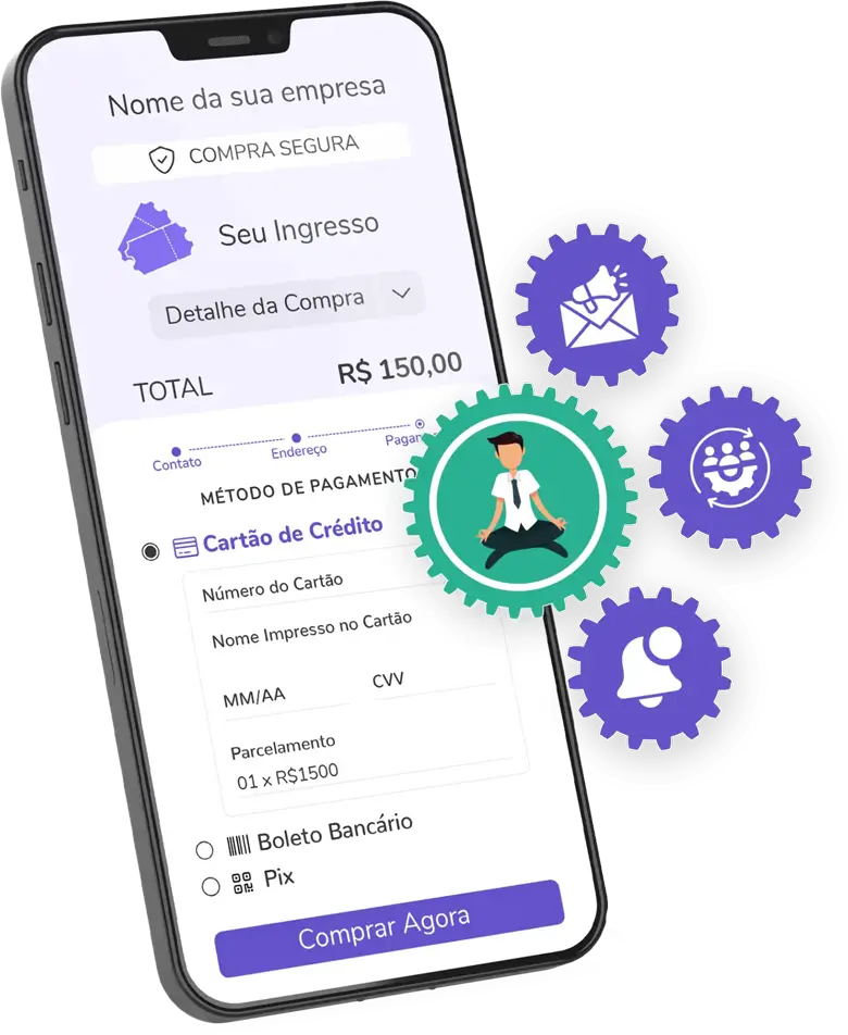 Smartphone a exibir sistema de checkout de ingressos com ícones de engrenagens a representar automações e integrações.