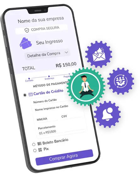 Smartphone a exibir sistema de checkout de ingressos com ícones de engrenagens a representar automações e integrações.