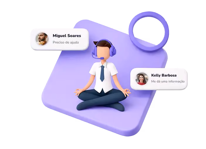 Ilustração 3D de um operador de call center meditando, cercado por balões de conversa de clientes que pedem ajuda.