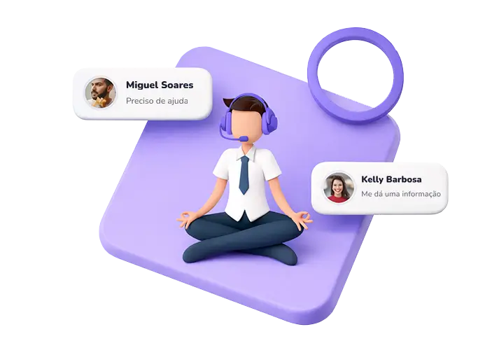 Ilustração 3D de um operador de call center meditando, cercado por balões de conversa de clientes que pedem ajuda.