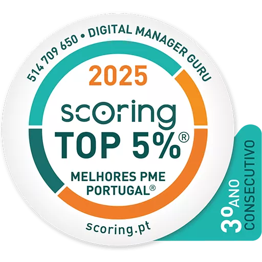 Scoring Top 5 Percent Best SME Portugal 2025 award seal for Digital Manager Guru.