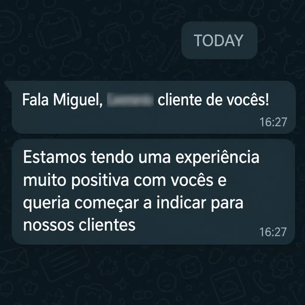 Captura de tela com mensagem de depoimento de cliente satisfeito com a plataforma Digital Manager Guru - [019]