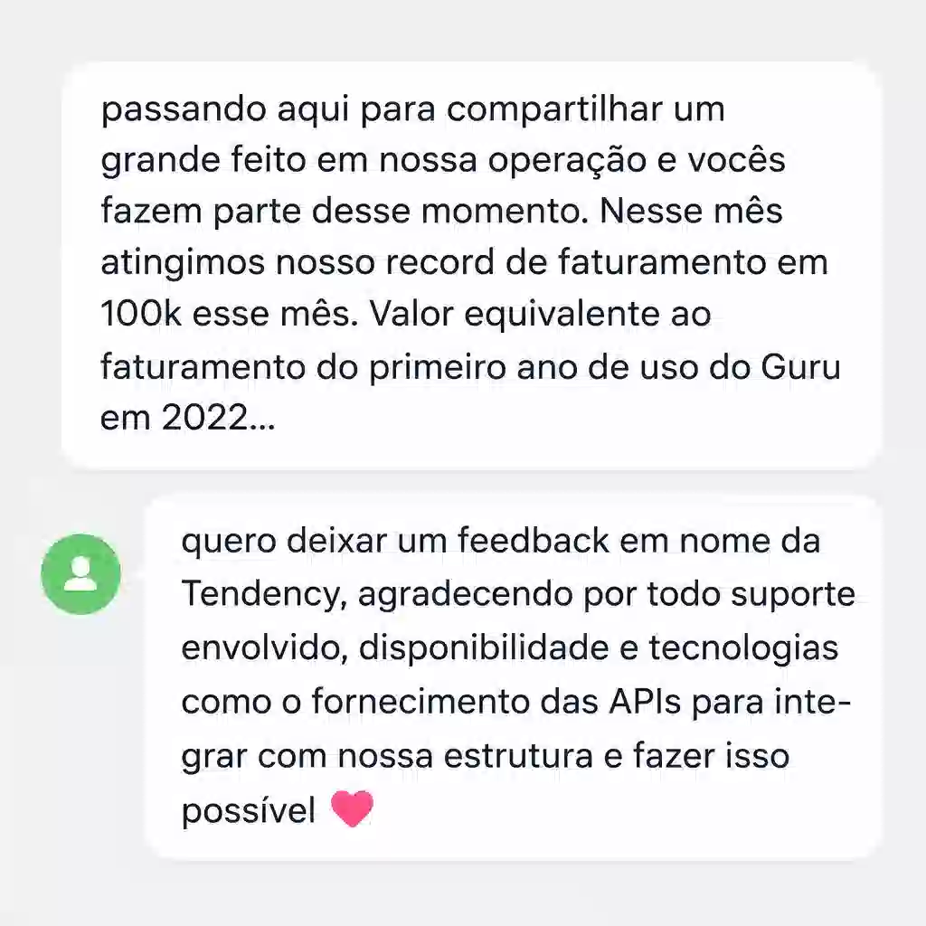 Captura de tela com mensagem de depoimento de cliente satisfeito com a plataforma Digital Manager Guru - [013]
