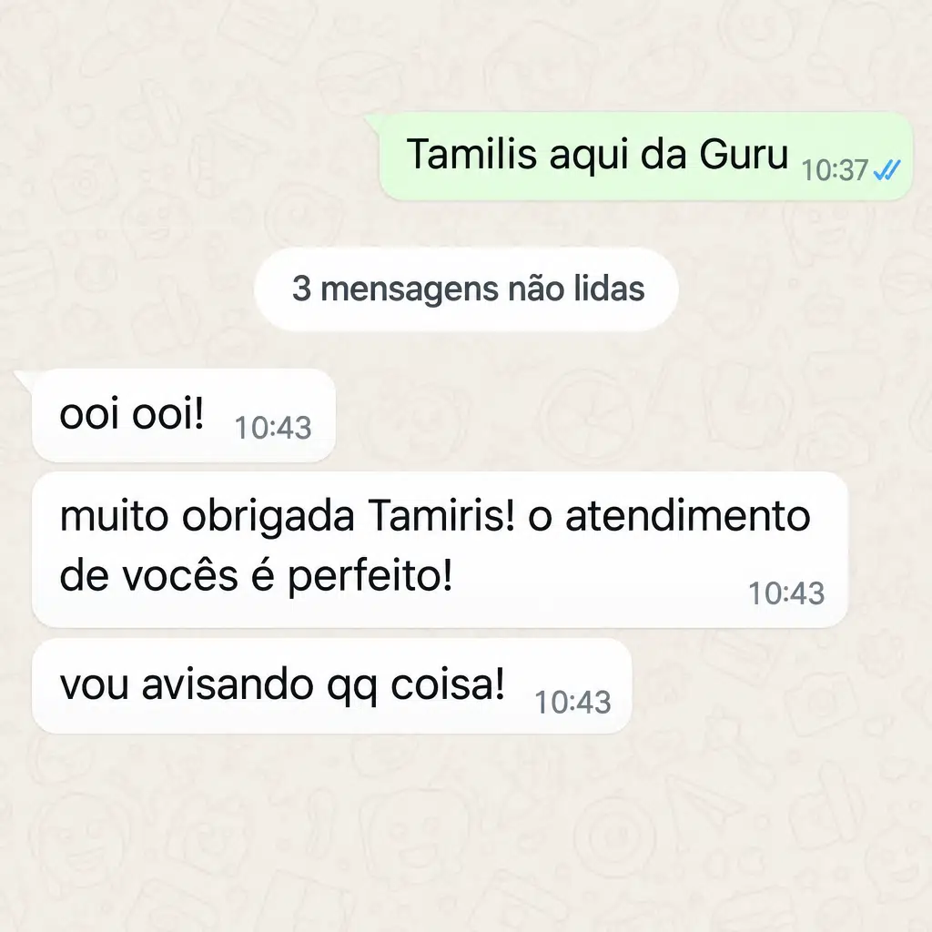 Captura de tela com mensagem de depoimento de cliente satisfeito com a plataforma Digital Manager Guru - [008]