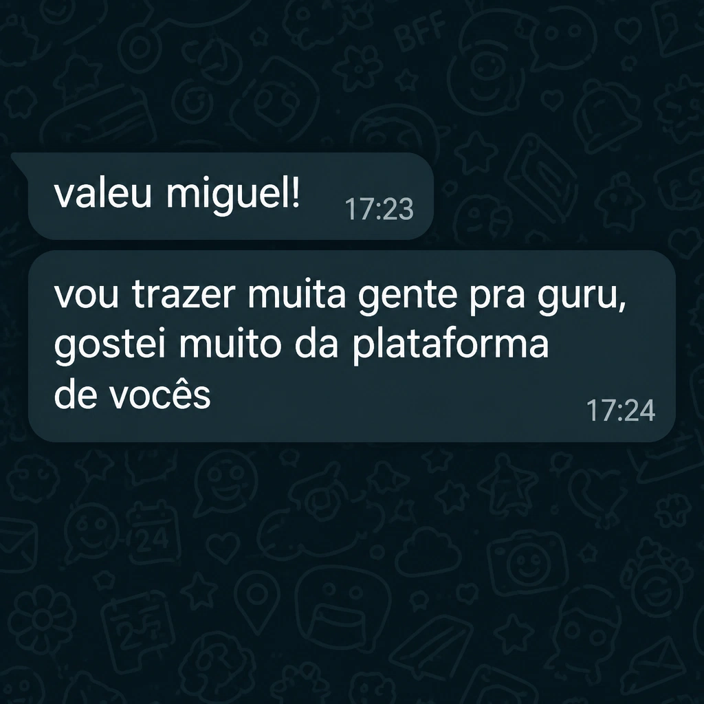 Captura de tela com mensagem de depoimento de cliente satisfeito com a plataforma Digital Manager Guru - [014]