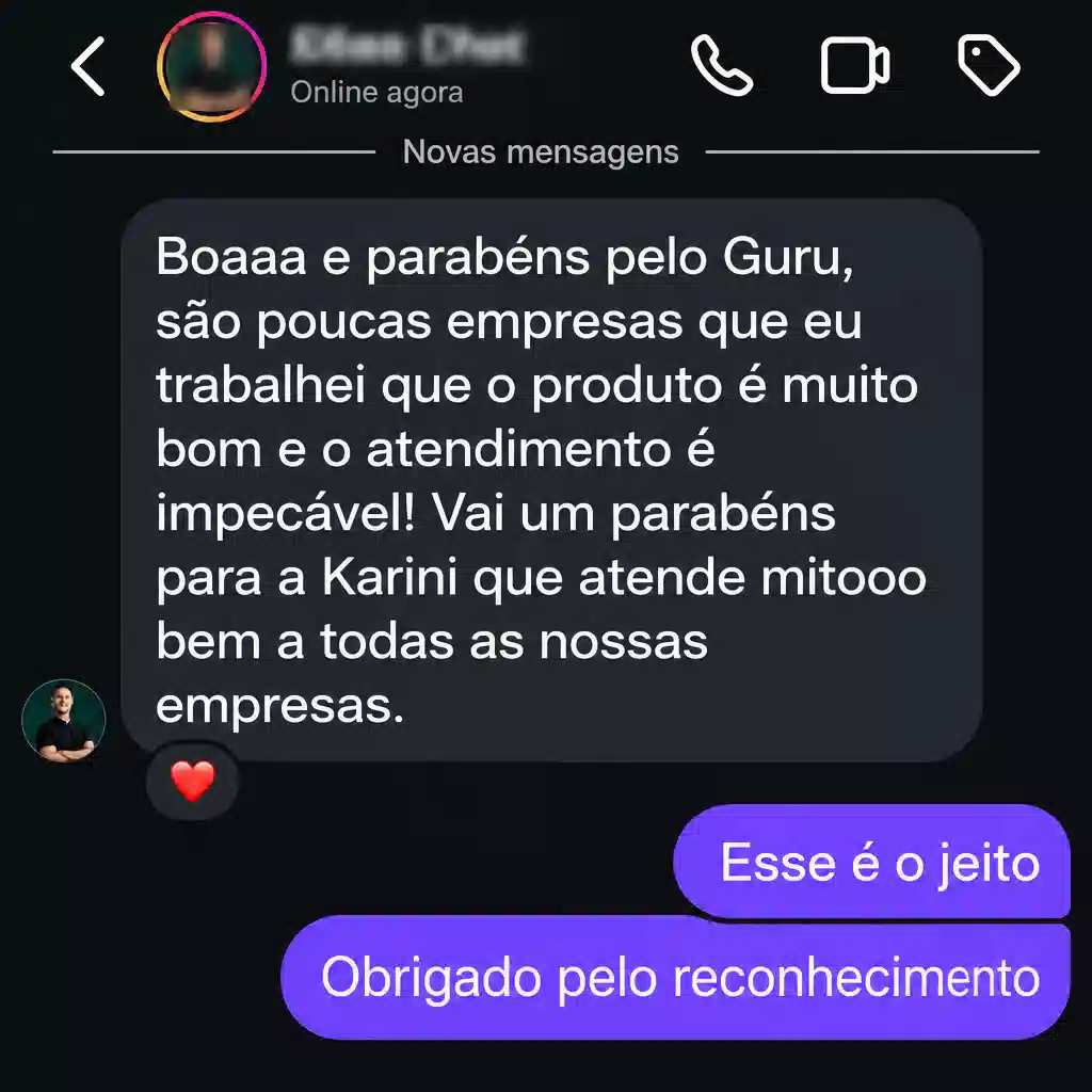 Captura de tela com elogio de cliente ao suporte e atendimento humanizado da Digital Manager Guru - [022]