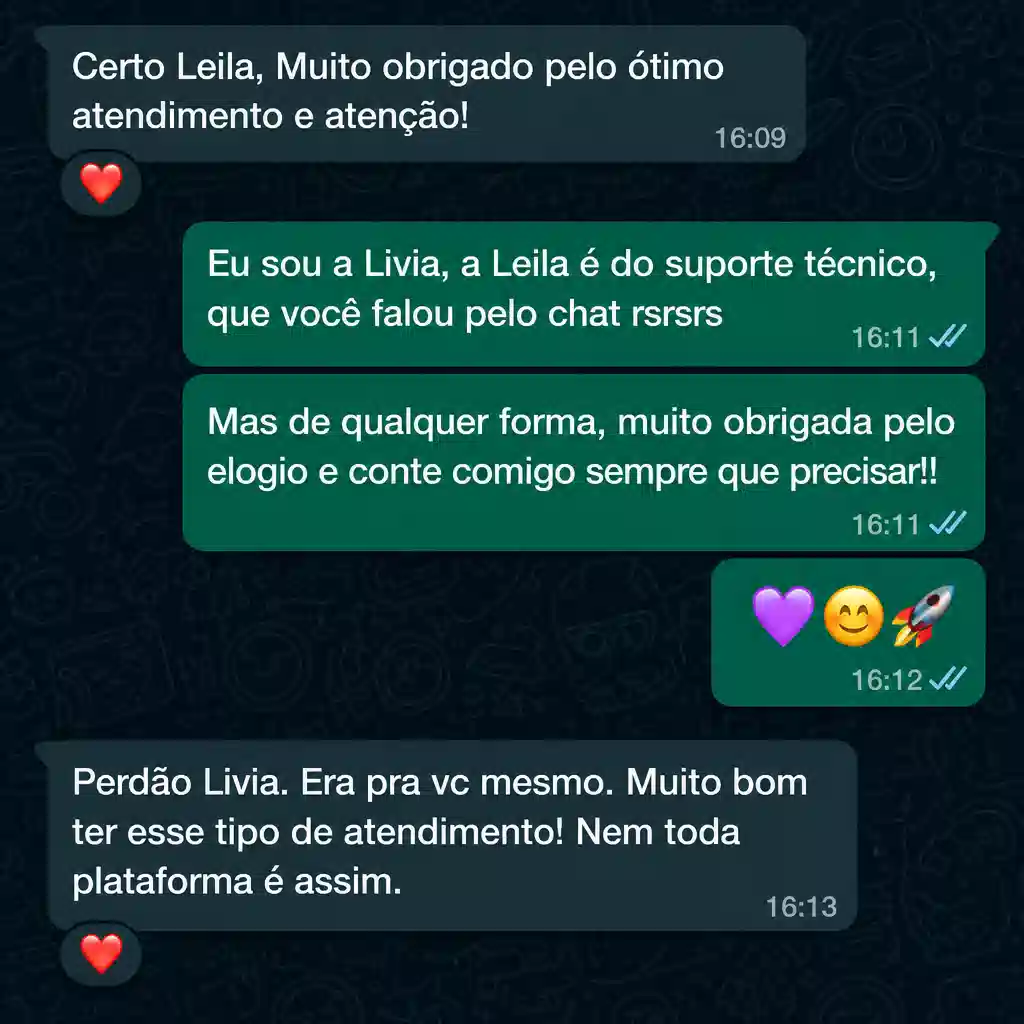 Captura de tela com elogio de cliente ao suporte e atendimento humanizado da Digital Manager Guru - [010]