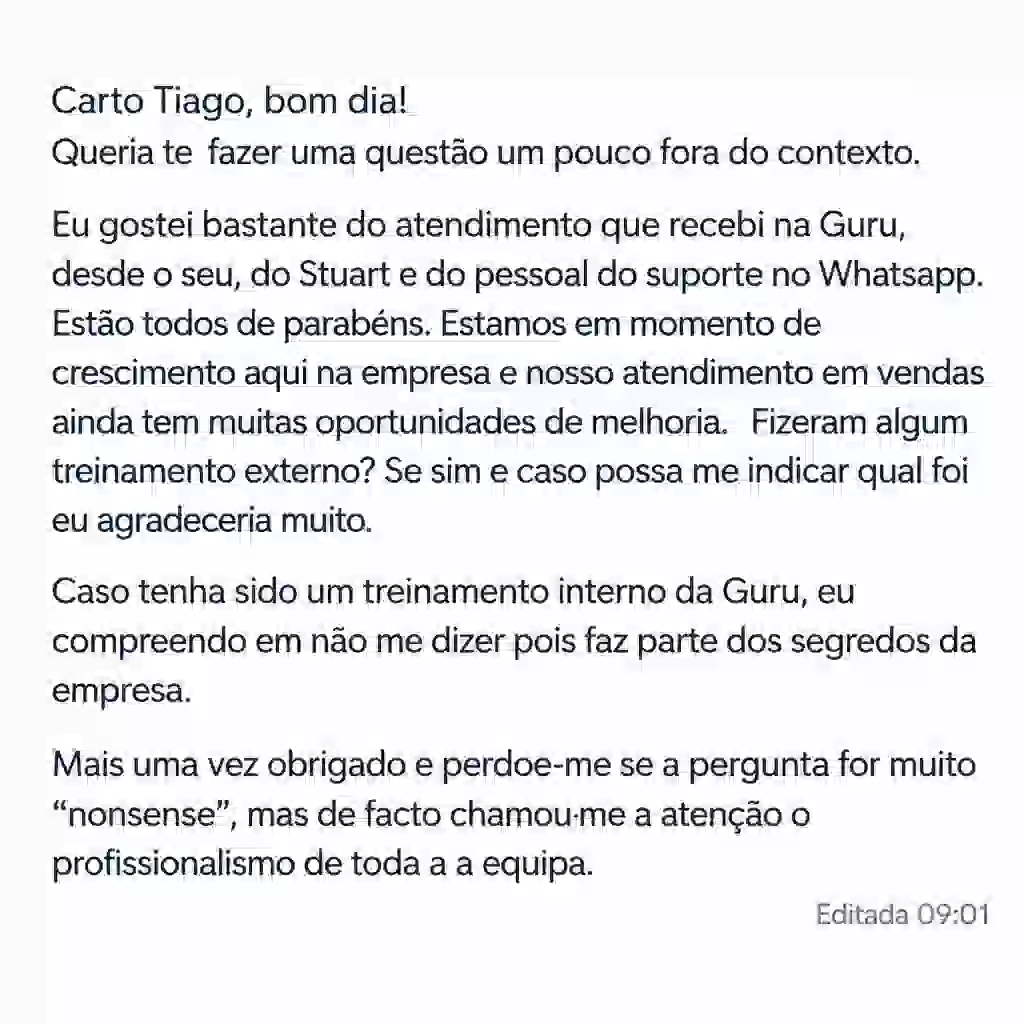 Captura de tela com elogio de cliente ao suporte e atendimento humanizado da Digital Manager Guru - [031]