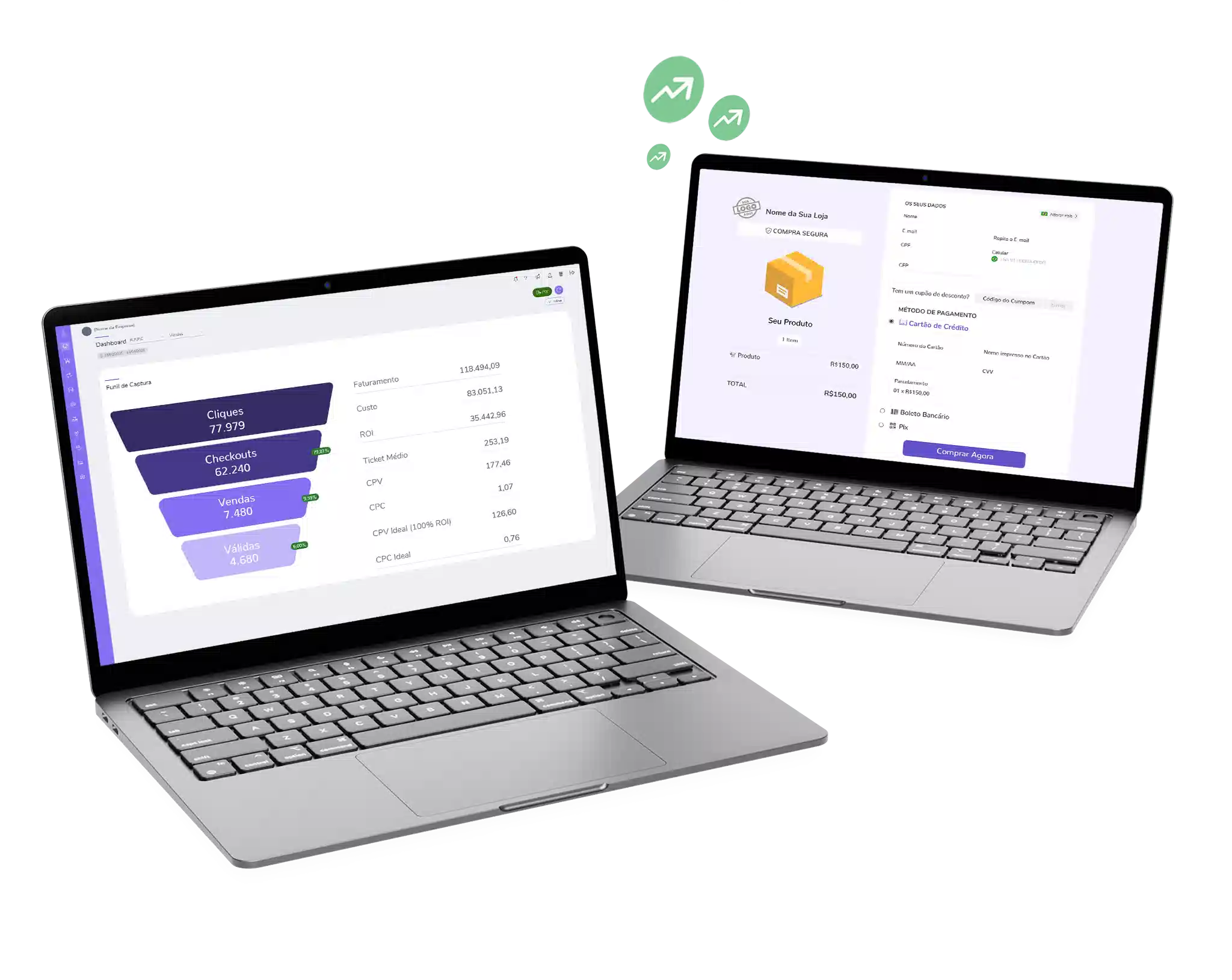 Dois notebooks exibindo funil de vendas com dados de cliques e conversão, e tela de checkout da Digital Manager Guru