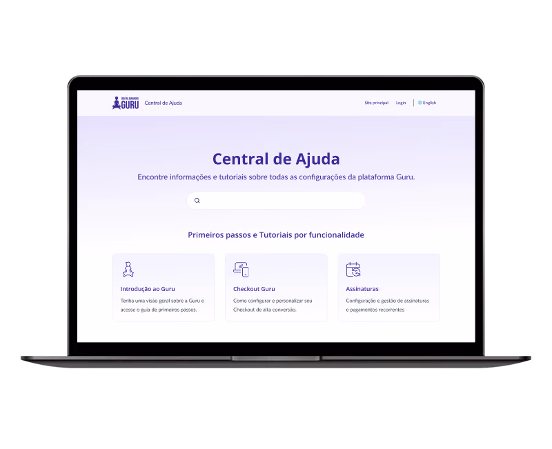 Mockup em portátil da Central de Ajuda da Digital Manager Guru com tutoriais e documentação da plataforma.