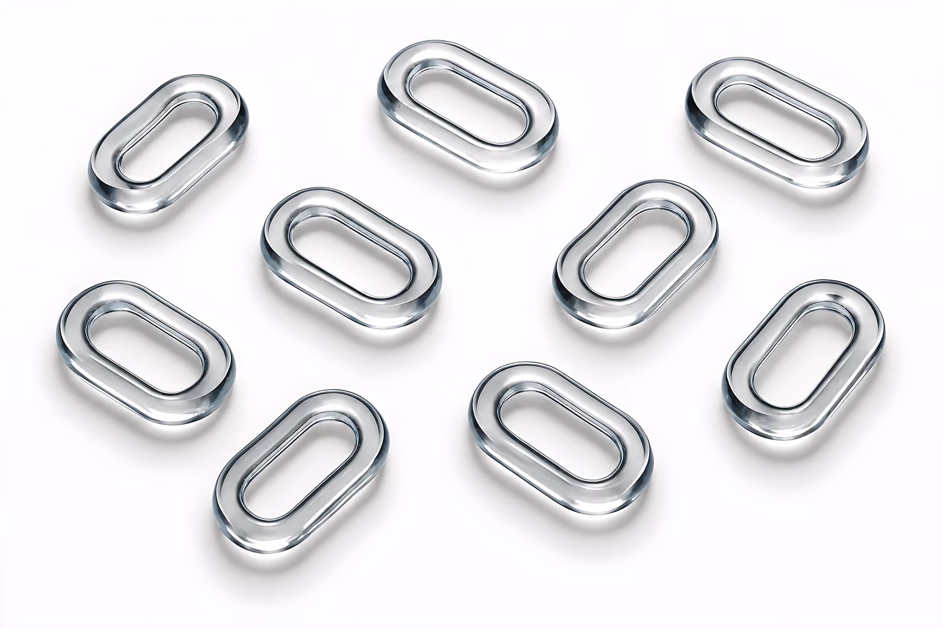Transparent glass 3D chain links floating over a white background, representing connection and network infrastructure.